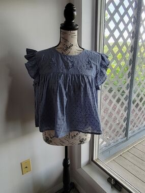 Jessica Simpson Blue Eyelet Embroidered Ruffle-Sleeve Cotton Top Xs